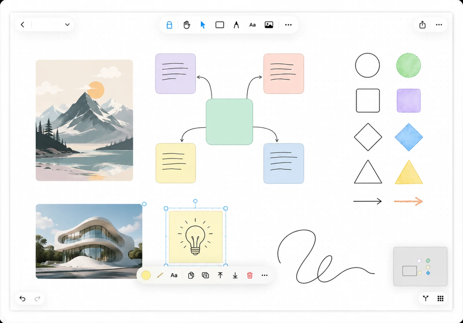 A mind map with connectors beside an inserted shape palette