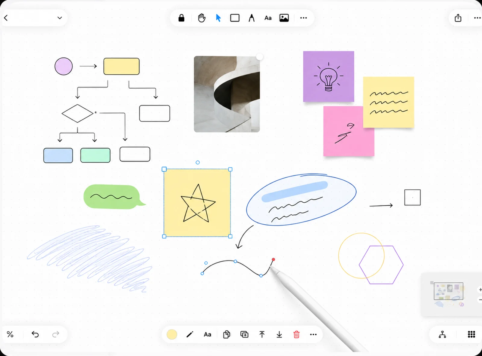Apple Pencil drawing a vector path on a Mena board, beside a flowchart and sticky notes