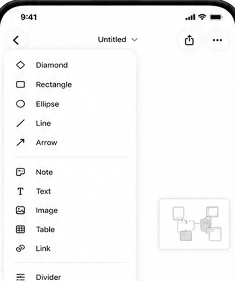 Mena's insert menu — diamond, rectangle, ellipse, line, arrow, note, text, image, table, link