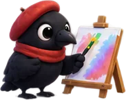 Mena crow painting on an easel