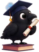 Mena crow in a graduation cap reading